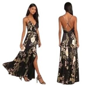 Lulus Still The One Floral Satin Maxi Dress Spaghetti Strap Wrap XL